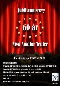 Plakat med tæpper og stjerner der siger "60 år - Nivå amatørteater". Premiere 11. april 2023 k. 20. Billet bestilles på 27122813